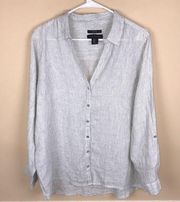 NWOT Tahari Women’s Linen Striped Mother of Pearl Button-Up Long Sleeve Shirt