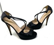 Yves Saint Laurent black satin platform ultra high heels size 39.5