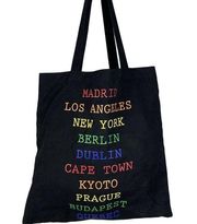 Rainbow Print Cities of the World Travel Graphic Print Black Canvas Tote Bag