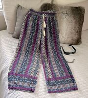 Shosho boho purple blue floral printed smocked waist pull on wide leg pants med