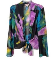 *VINTAGE* R&K ORIGINALS 90's Chiffon Open Long-Sleeve Colorful Wrap Top szM