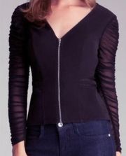 Black Mesh Full-zip Long Cinched Sleeves V-neck Fitted Party Club Top S