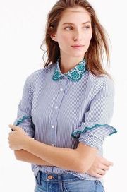 J. Crew Long Sleeve Button Down Eyelet Collar Blue White Stripes Green Size 0