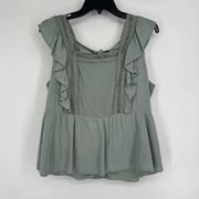 Jun & Ivy Boho Sage Green Crop Top Square Neck Crochet Open Back Ruffle Size XL