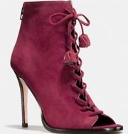 Coach Lena Victorian Peep Toe Lace Up Heeled Booties Red Wine Suede Leather 5.5