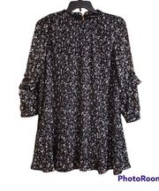 ZARA  Small black and white floral pleated long sleeve mini dress