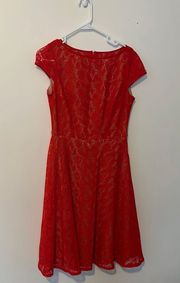 Evan Picone Red All Lace Skater Dress w/ Cap Sleeves, Boat Neck, & Circle Skirt