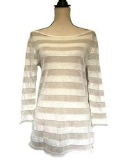 TORY BURCH Metallic Stripe Sweater Size Medium Cream Tan Lightweight Wideneck