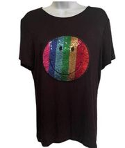 RARE MELISSA MASSE Black Designer Smiley Face Sequins T-Shirt Women’s Size L