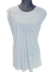 TAHARI NAVY & WHITE STRIPE SLEEVELESS LINEN SHIRT WITH BUTTON BACK Size Medium