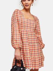 Topshop Check Mini Plaid Boho Smock Square Neck Babydoll Dress size 6