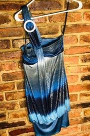 NWT City Studio Blue Gray Ombre Glitter Sparkle One Shoulder Dress Size Medium