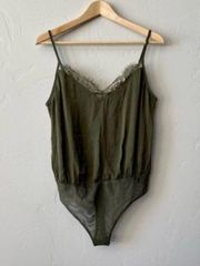 Women’s Lace Trim Satin Bodysuit Green NWT