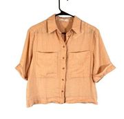 MNG by Mango Peach Cuffed Short Sleeve 100% Linen Button Down Shirt Women Sz 4