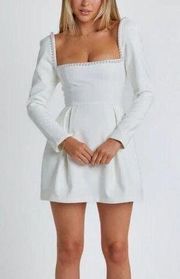 White Pearl Trim Mini Dress Long Sleeve Size Small Lightweight