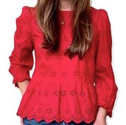 MADEWELL Women’s Red Eyelet Long Sleeve Peplum top 100% cotton size large