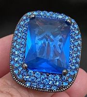 Joan Boyce Blue Stone Cushion Cut Pavé Statement Cocktail Ring Size 6