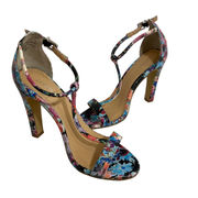 Express Floral high heel sandals, Women's size 6 faux leather T-strap shoes