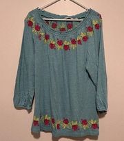 Soft Surroundings Blue Floral Embroidered Blouse Size Petite Large