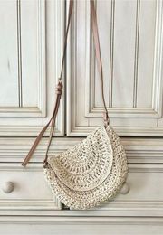 Lauren Conrad Natural Beige Half Circle Straw Flap Crossbody Purse Leather Strap