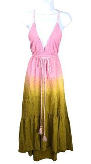 Maaji Maxi Dress Triangle Top Eyelet Pink to Green Ombre Rope Straps M NWT