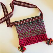 Handmade Woven Indie Boho Pom Pom Square Small Crossbody Bag
