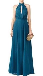 YUMI KIM Keyhole Halter Starlet Teal High Slit Maxi Cocktail Gown NWT