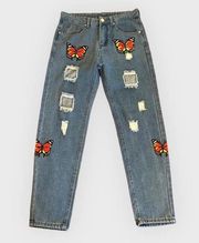 Romwe Women's 30 Monarch Butterfly Distressed Jeans Straight Leg 100% Cotton