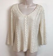 August Silk off white & gold 3/4 sleeve v neck sweater knit pullover large