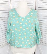 Love, Fire Floral Bell Sleeve Blouse Mint Green White 2X