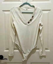 Eye Candy Cream Ribbed Long Sleeve V-Neck Bodysuit