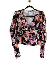 Nasty Gal Floral Puff Long Sleeve Peplum Style V-neck Blouse Large XL