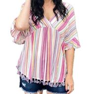 Kori America Raspberry Delight Boho Stripe Tassel Fringe Flutter Sleeves Blouse