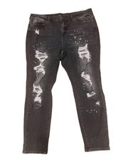 Plus Size 20W Boyfriend Jeans Distressed Bleach Splatter Stretch Black