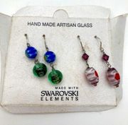 Handmade Artisan Glass Floral Pierced Earrings with Swarovski Elements- Set of 2