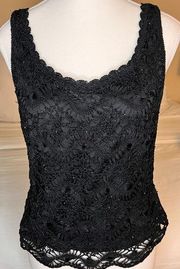 CARMEN MARC VALVO Black Beaded Crochet Sleeveless Top‎ Size L