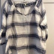 Blue white striped tunic blouse womens plus size 1X 3/4 sleeves tie front neck