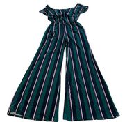 Vine & Love Jumpsuit Women Medium Green Black Stripe Ruffle Stretch Off Shoulder