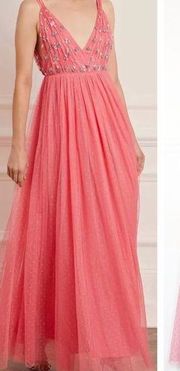NEEDLE AND THREAD Watermelon Pink Neve Jewel Embroidered V Neck Tulle Gown US 8