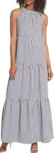 Maggy L Gingham Check Tiered Maxi Dress Black White 8 Tie Halter Neck Sleeveless