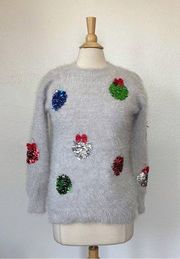 Sequin Embellished Grey Fuzzy Christmas Ornament Sweater