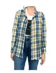 CP Shades Brushed Cotton Flannel Button Down Shirt Tunic Length Blue Plaid Small