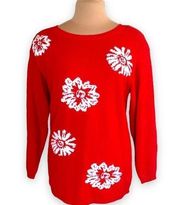 Vintage Worthington Sweater Ruby Red White Floral Detail 3D Knit Long Sleeves