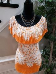 Melissa Paige Women's Orange White Floral Boat Neck Sleeveless Top Blouse Medium