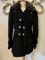 WORTHINGTON Women’s Black Fur Collar Winter Trench Coat | Large