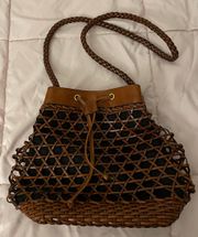 Woven Brown Leather @ Black Linen Lined Crossbody Bag, size 12x10