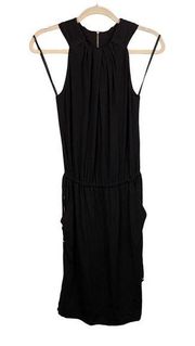 St. John Women Black Halter Pleated Neck Drawstring Side Slits Midi Dress Size 2