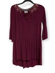 KNOX ROSE Tunic Dress Red Burgundy Embroidered Crochet Lace Extra Small XS