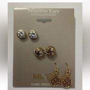 MIXIT Hypoallergenic 3 Pairs Gold Toned Fashion Earrings Set NWT