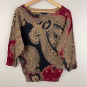 Black Tan Red Paisley Boatneck Elbow Length Sleeve Pullover Sweater Top